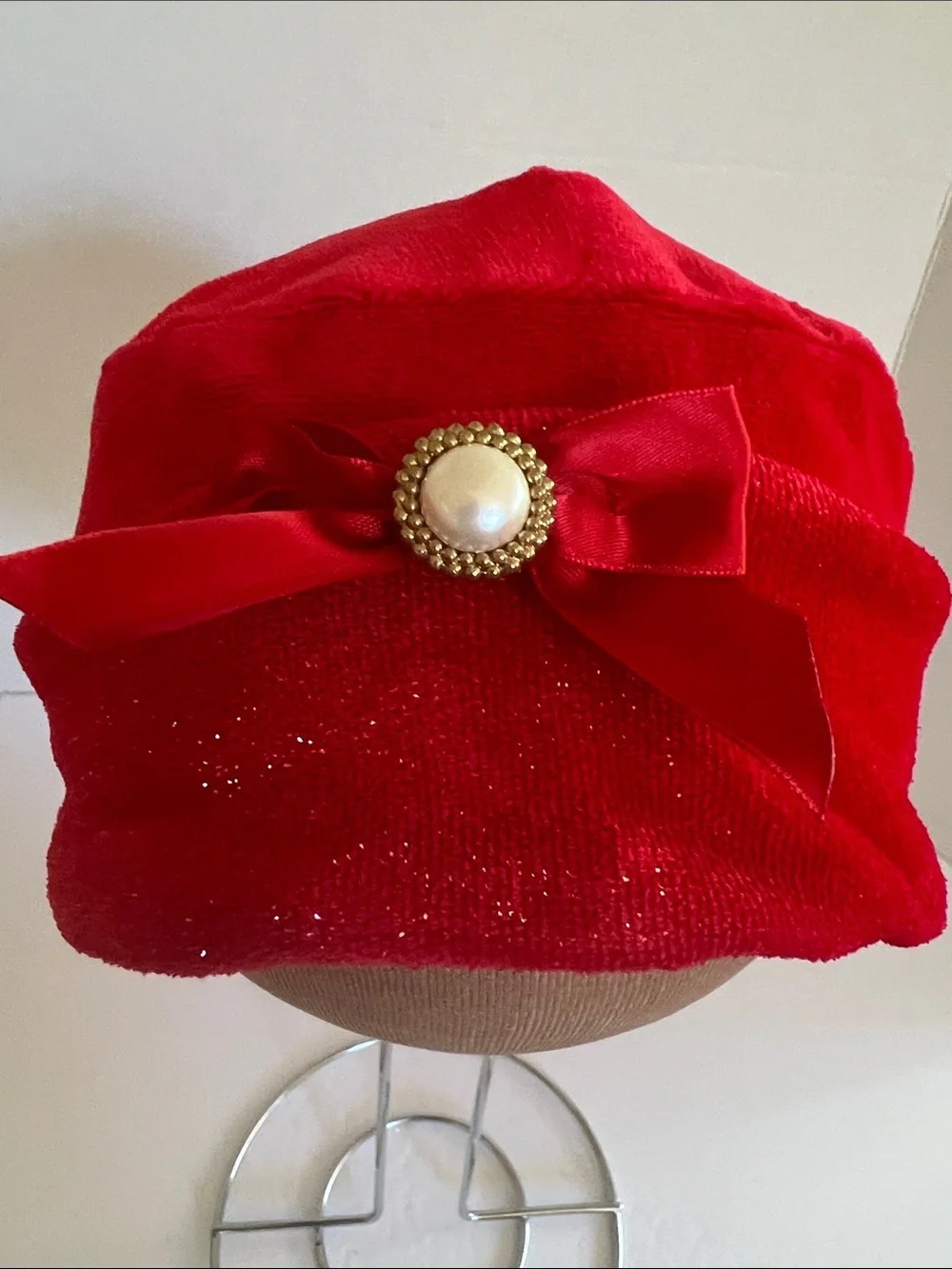 Kids Red Velvet Bow Accent Hat with Pearl Button​